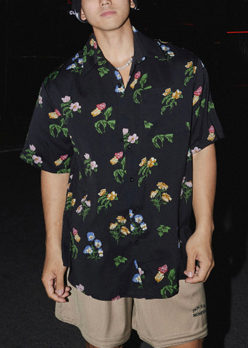 Pan Peter Loose Men Print Collar Black Summer Shirt Cotton