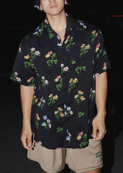 Pan Peter Loose Men Print Collar Black Summer Shirt Cotton