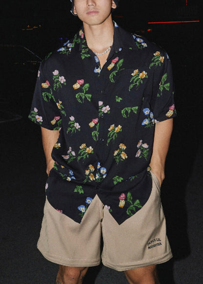 Pan Peter Loose Men Print Collar Black Summer Shirt Cotton