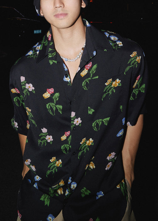 Pan Peter Loose Men Print Collar Black Summer Shirt Cotton