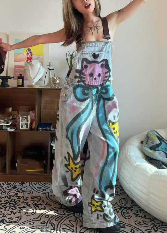 Denim Tie Pockets Loose Cats Patchwork Little Dye Jumpsuit Blue Summer