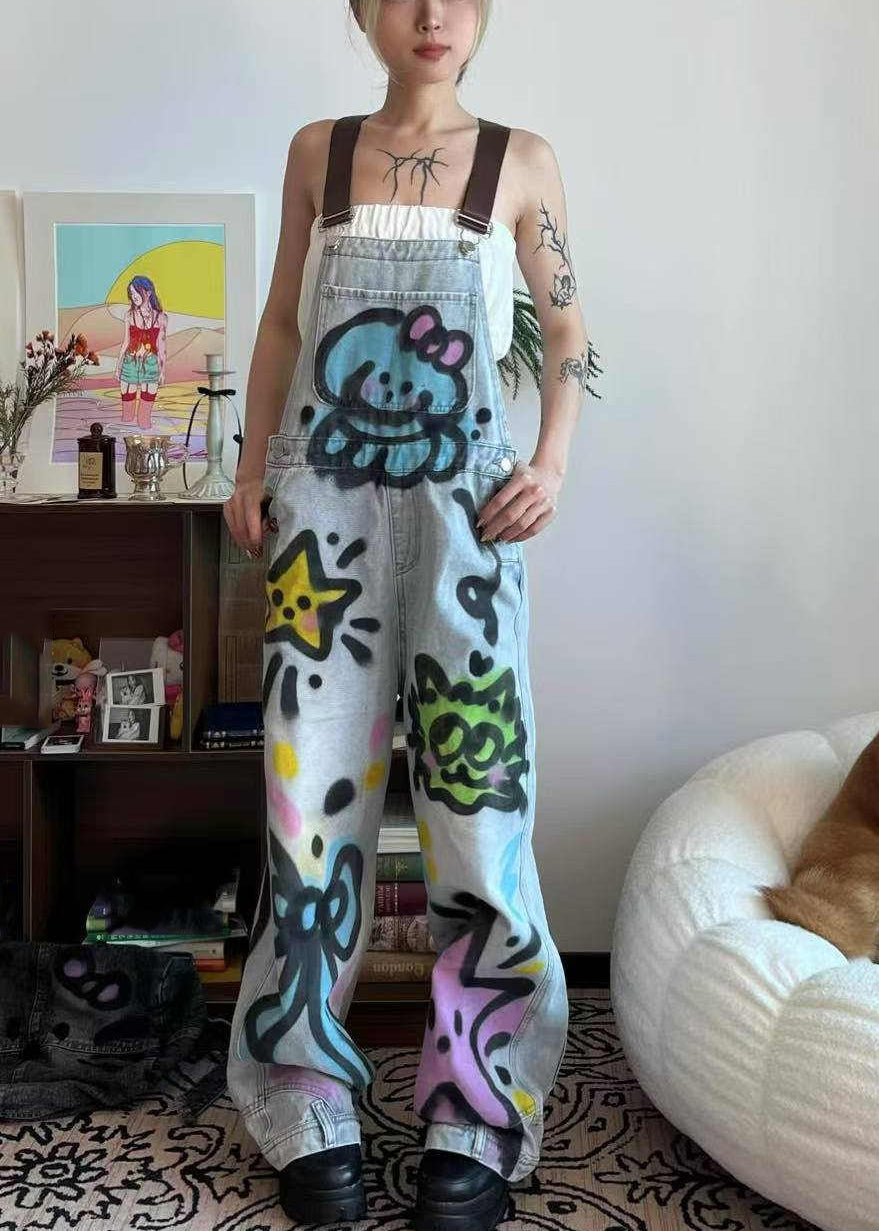Denim Tie Pockets Loose Cats Patchwork Little Dye Jumpsuit Blue Summer