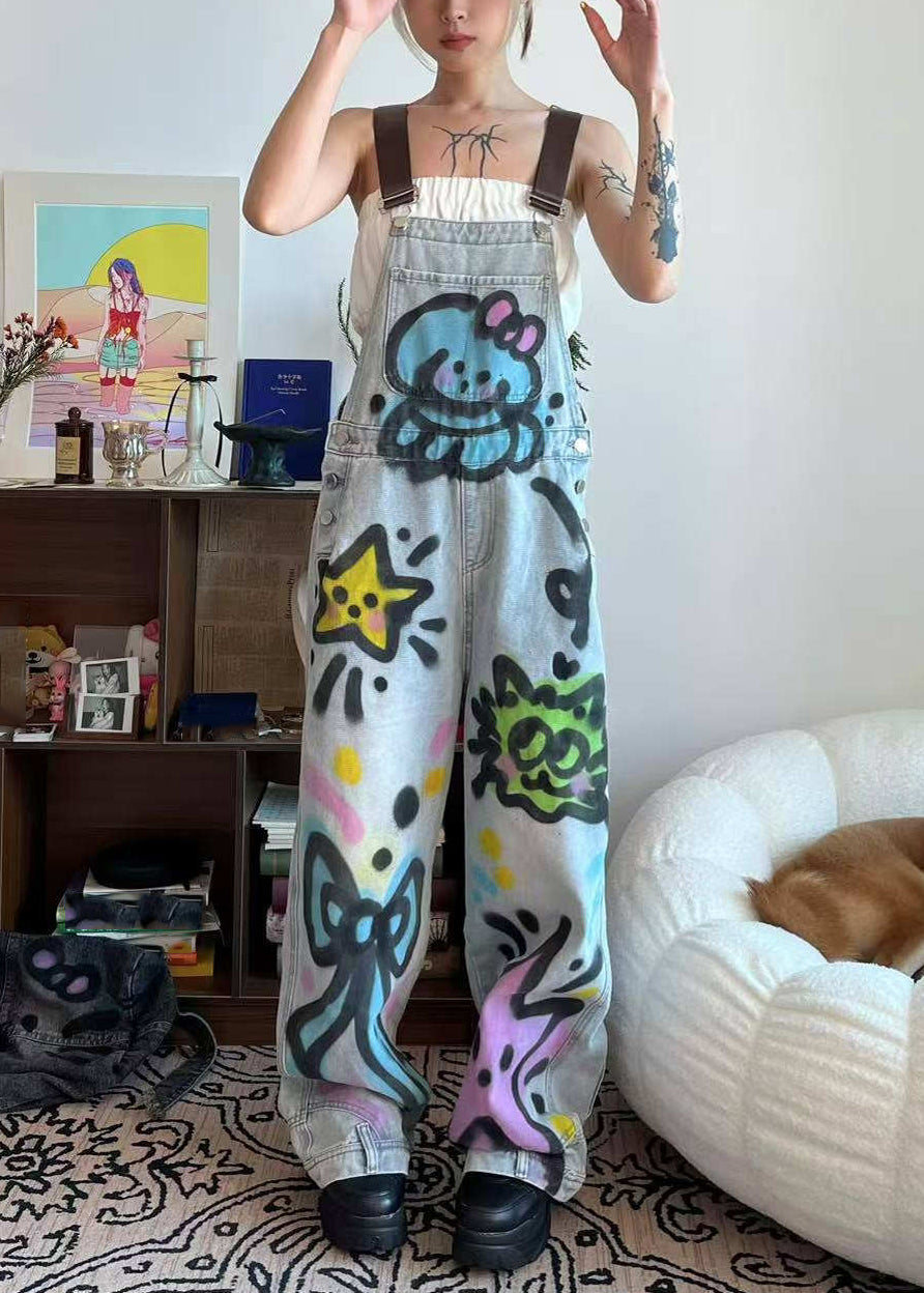 Denim Tie Pockets Loose Cats Patchwork Little Dye Jumpsuit Blue Summer