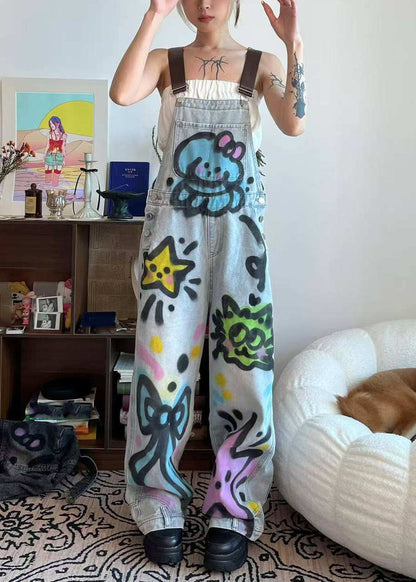 Denim Tie Pockets Loose Cats Patchwork Little Dye Jumpsuit Blue Summer