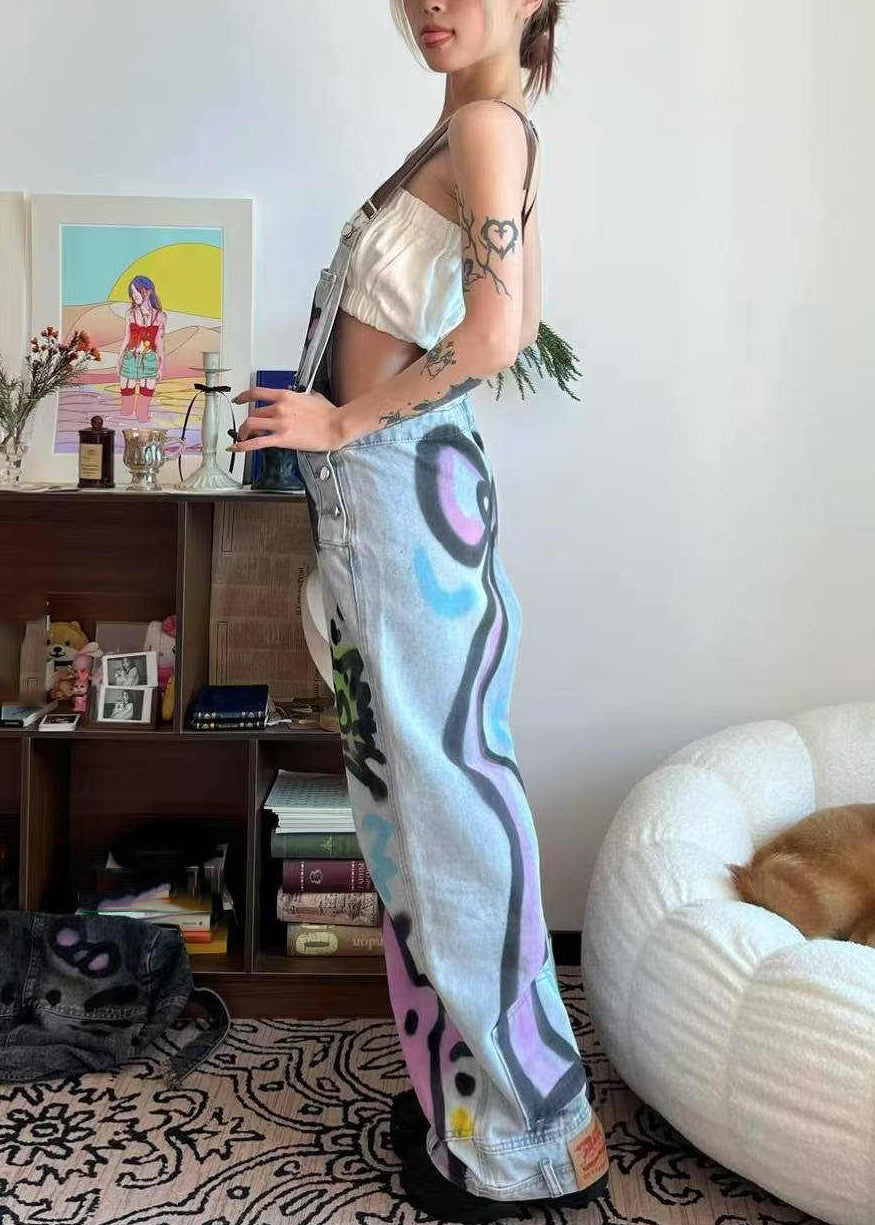 Denim Tie Pockets Loose Cats Patchwork Little Dye Jumpsuit Blue Summer