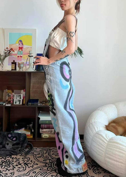 Denim Tie Pockets Loose Cats Patchwork Little Dye Jumpsuit Blue Summer