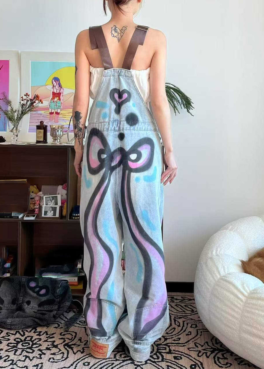 Denim Tie Pockets Loose Cats Patchwork Little Dye Jumpsuit Blue Summer