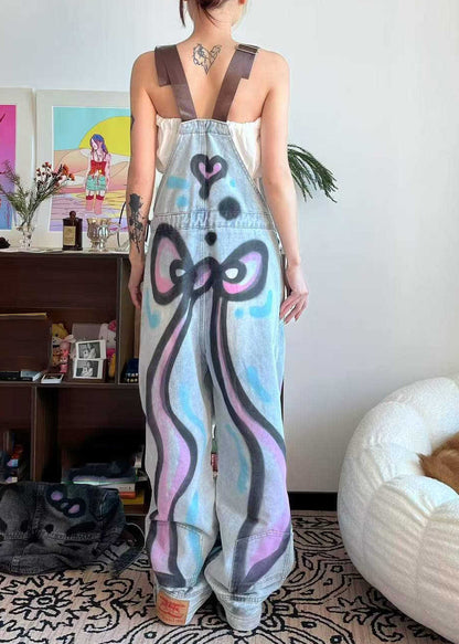 Denim Tie Pockets Loose Cats Patchwork Little Dye Jumpsuit Blue Summer