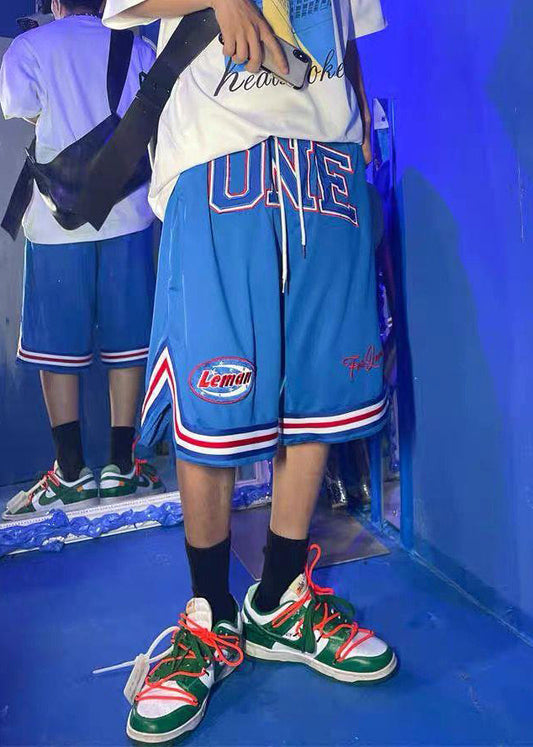 Shorts Summer Loose Men Blue Elastic Basketball Print Waist