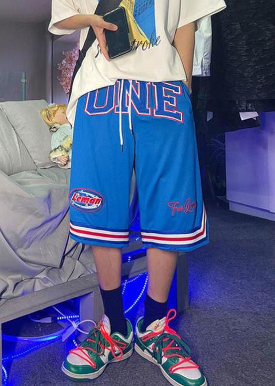 Shorts Summer Loose Men Blue Elastic Basketball Print Waist