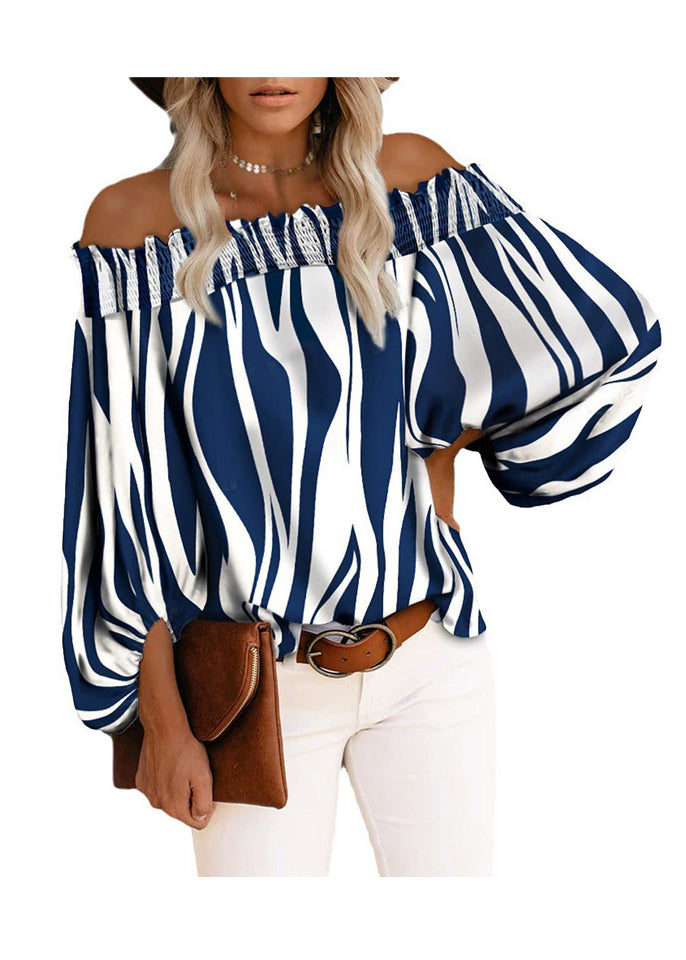 Neck Cotton Loose Blue Sleeve Slash Tops Lantern Striped Shirt