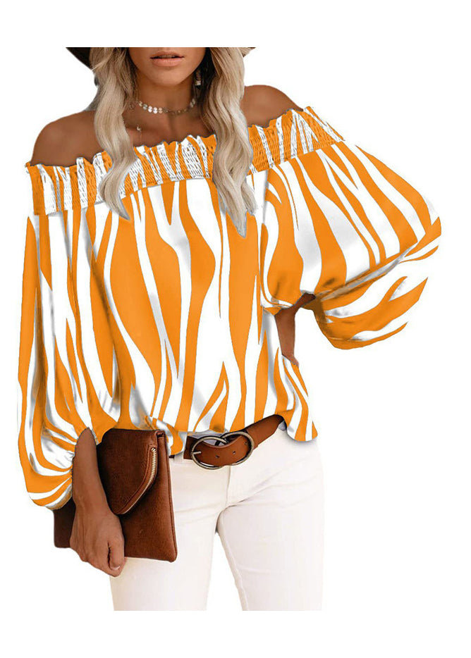Neck Cotton Loose Blue Sleeve Slash Tops Lantern Striped Shirt