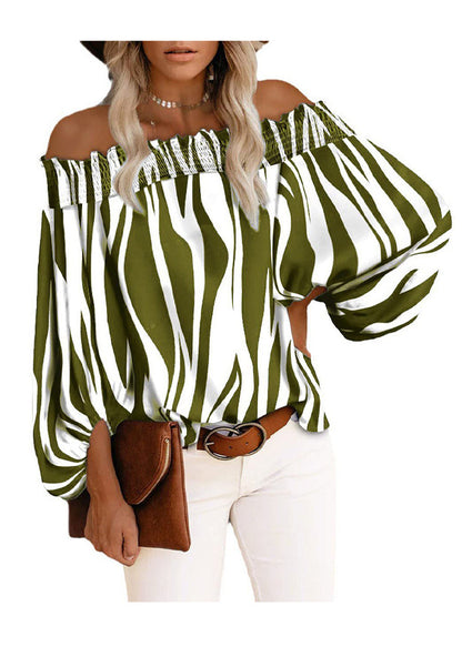 Neck Cotton Loose Blue Sleeve Slash Tops Lantern Striped Shirt