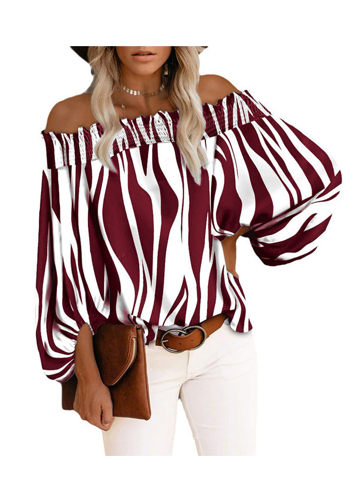 Neck Cotton Loose Blue Sleeve Slash Tops Lantern Striped Shirt