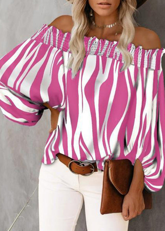 Neck Cotton Loose Blue Sleeve Slash Tops Lantern Striped Shirt