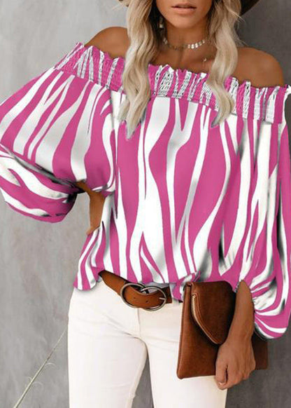 Neck Cotton Loose Blue Sleeve Slash Tops Lantern Striped Shirt