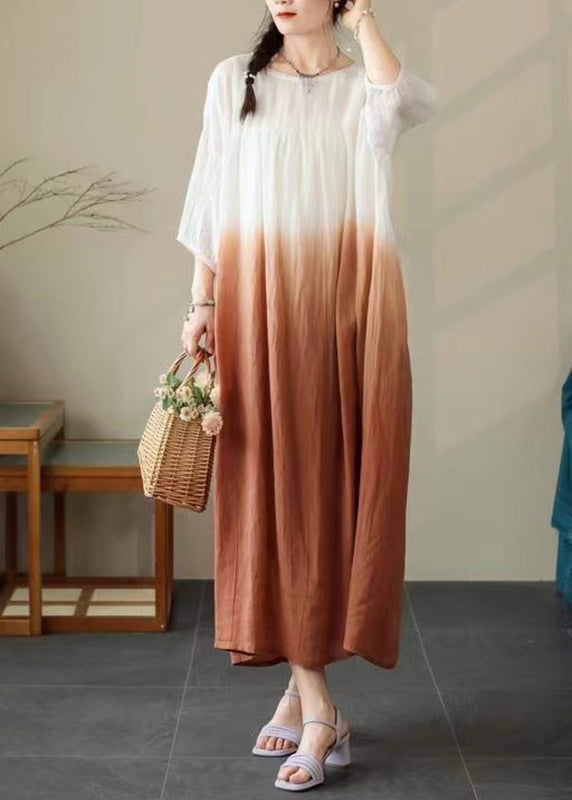 Cotton Sleeve Brown Color Dress Gradient Loose Pockets Half