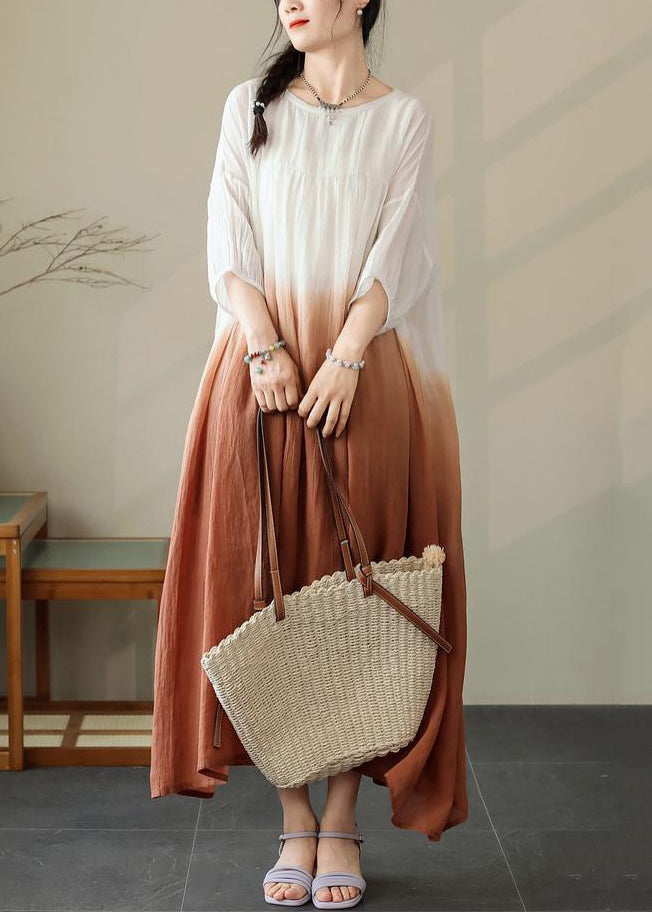 Cotton Sleeve Brown Color Dress Gradient Loose Pockets Half