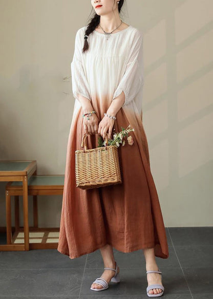 Cotton Sleeve Brown Color Dress Gradient Loose Pockets Half