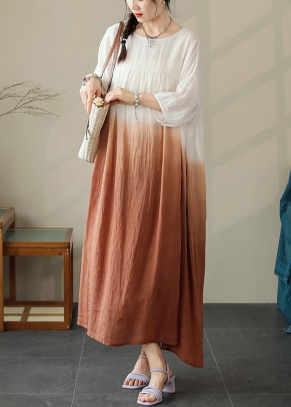 Cotton Sleeve Brown Color Dress Gradient Loose Pockets Half
