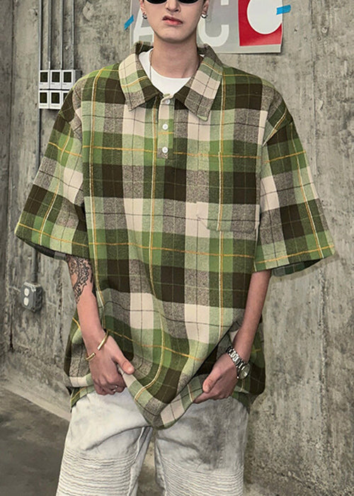 Shirts Button Coffee Half Sleeve Cotton Plaid Pullover Men Loose