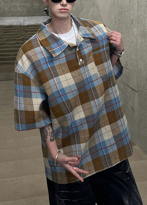 Shirts Button Coffee Half Sleeve Cotton Plaid Pullover Men Loose