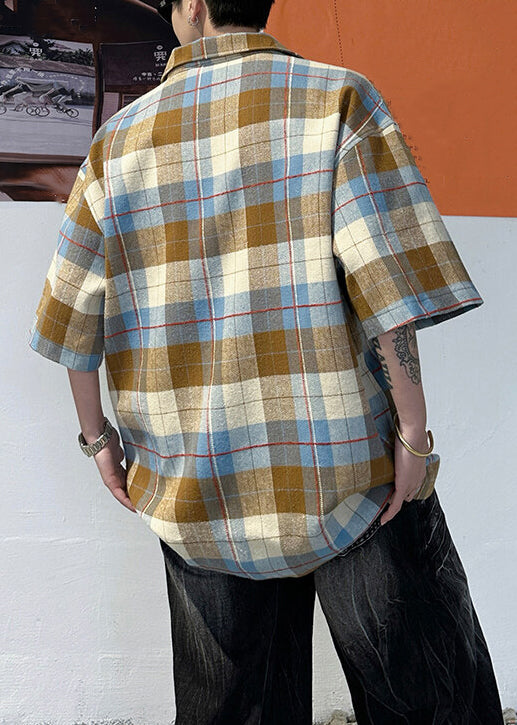 Shirts Button Coffee Half Sleeve Cotton Plaid Pullover Men Loose