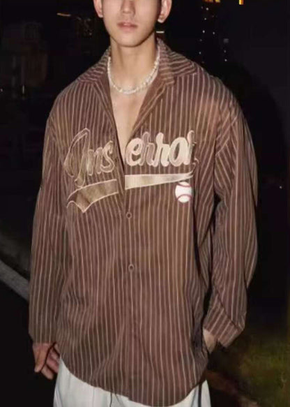 Loose Shirts Coffee Men Cotton Spring Striped Letter