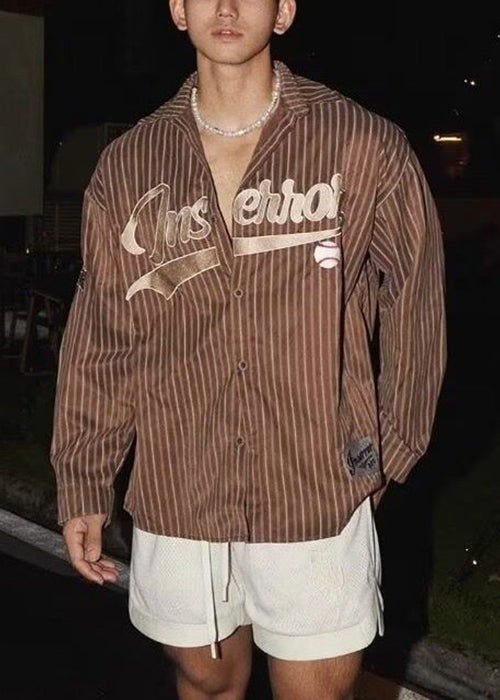 Loose Shirts Coffee Men Cotton Spring Striped Letter