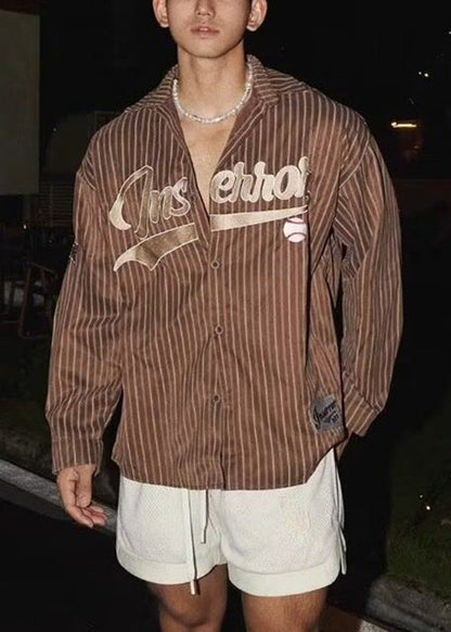 Loose Shirts Coffee Men Cotton Spring Striped Letter