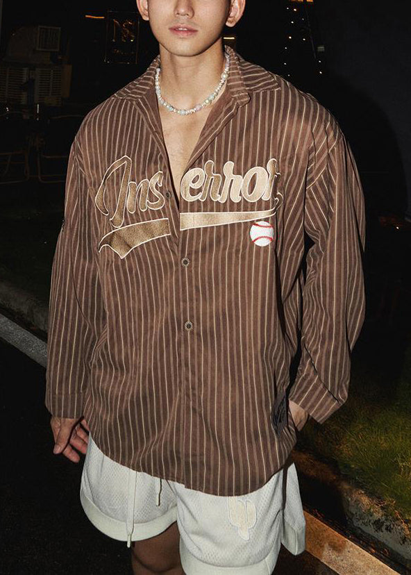 Loose Shirts Coffee Men Cotton Spring Striped Letter
