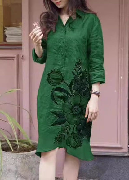 Collar Green Loose Dress Peter Shirts Long Button Print Fall Pan