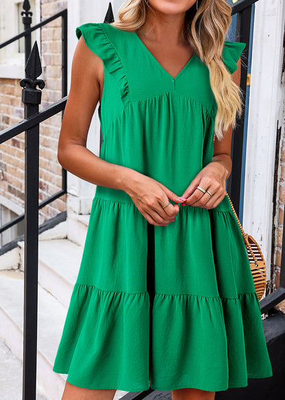 Dresses Solid Mid Summe Loose Green Neck Patchwork V