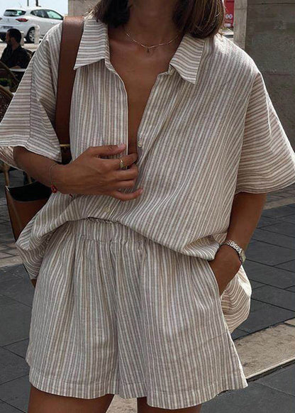 Set And Two Loose Sleeve Pan Shorts Pieces Shirts Peter Striped Short Khaki Collar
