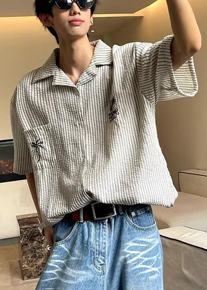 Loose Collar Summer Pockets Striped Shirts Cotton Mens Pan Peter