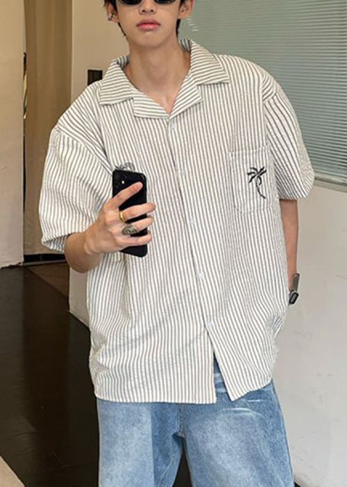 Loose Collar Summer Pockets Striped Shirts Cotton Mens Pan Peter