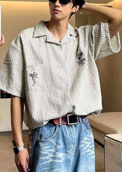 Loose Collar Summer Pockets Striped Shirts Cotton Mens Pan Peter