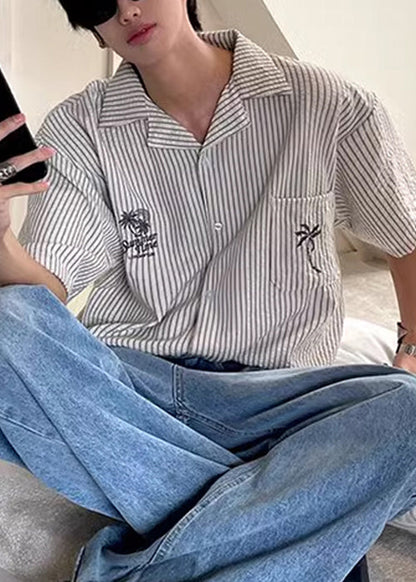 Loose Collar Summer Pockets Striped Shirts Cotton Mens Pan Peter