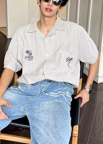 Loose Collar Summer Pockets Striped Shirts Cotton Mens Pan Peter