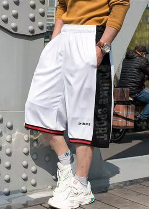 Pockets Patchwork Summer Men Loose Shorts White Elastic Basketball Waist