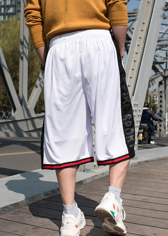 Pockets Patchwork Summer Men Loose Shorts White Elastic Basketball Waist