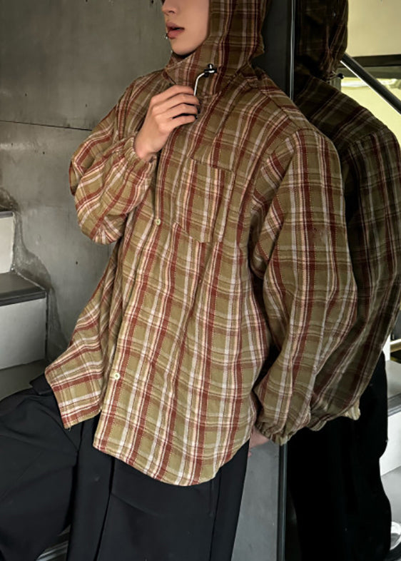 Plaid Hooded Spring Shirts Yellow Cotton Loose Men