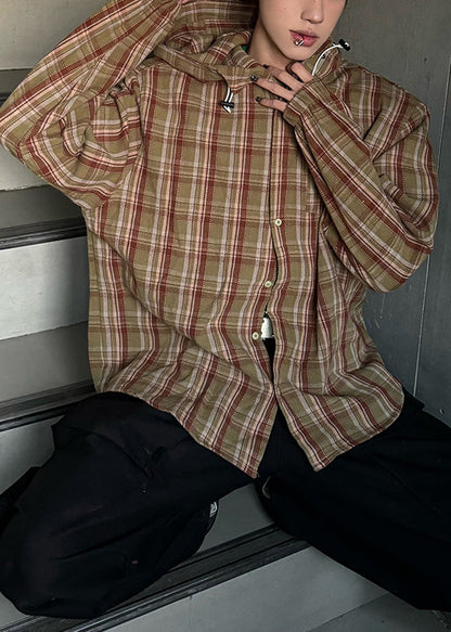 Plaid Hooded Spring Shirts Yellow Cotton Loose Men