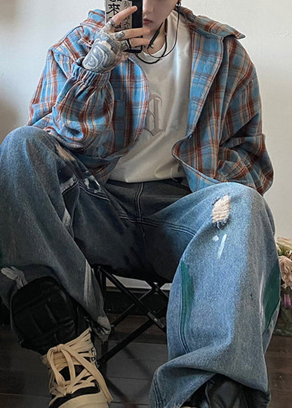 Plaid Hooded Spring Shirts Yellow Cotton Loose Men