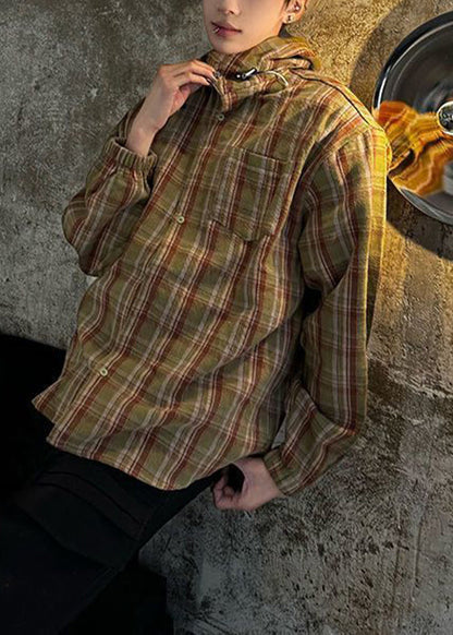 Plaid Hooded Spring Shirts Yellow Cotton Loose Men