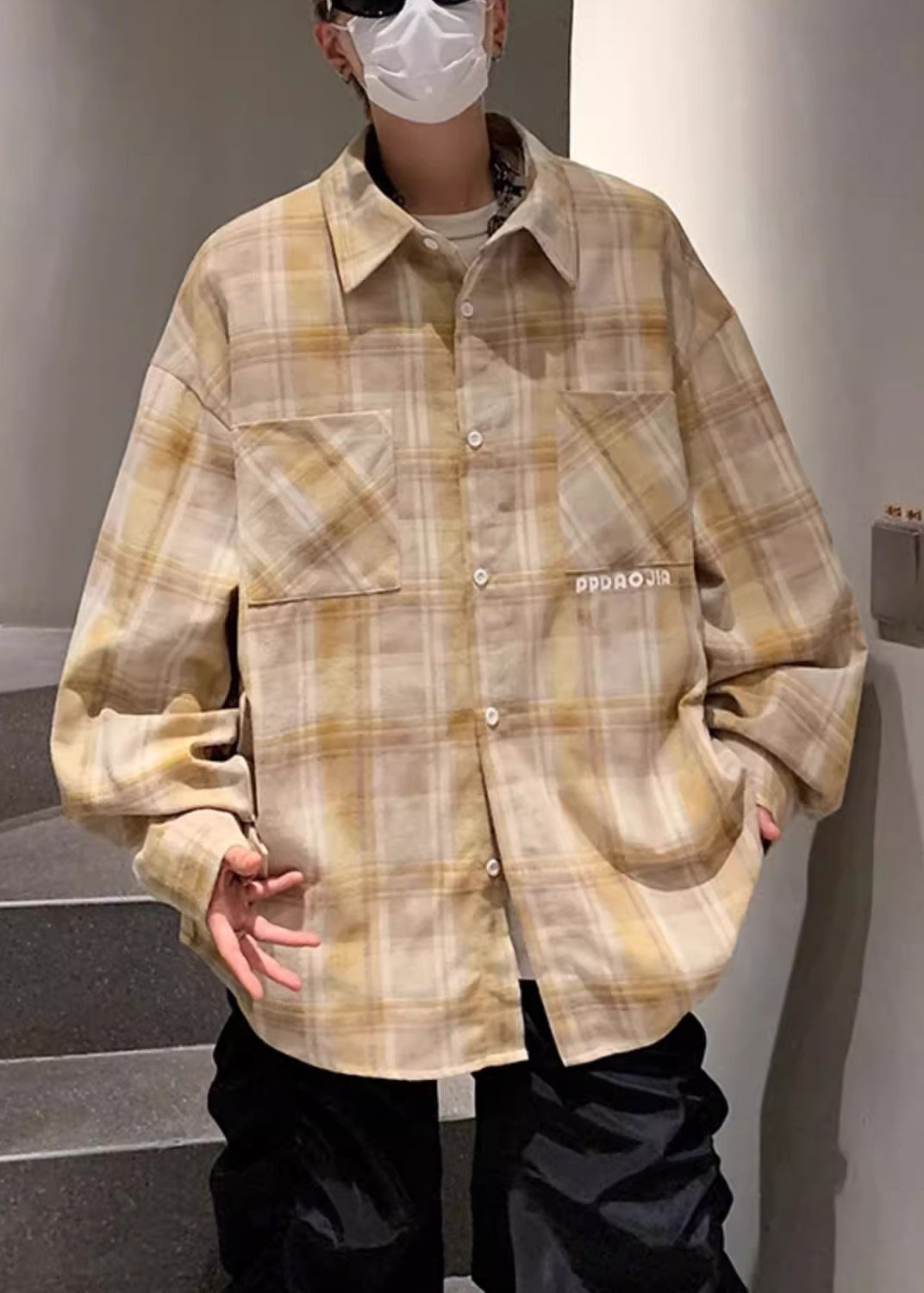Spring Pan Yellow Cotton Shirt Collar Men Loose Pockets Peter Plaid