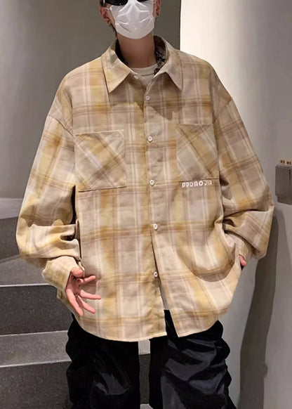 Spring Pan Yellow Cotton Shirt Collar Men Loose Pockets Peter Plaid
