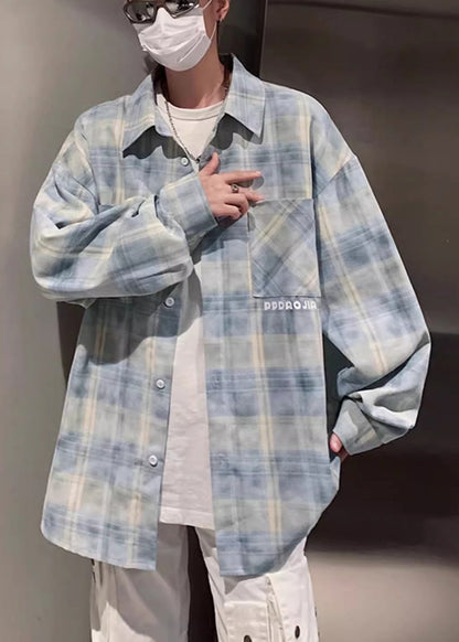 Spring Pan Yellow Cotton Shirt Collar Men Loose Pockets Peter Plaid