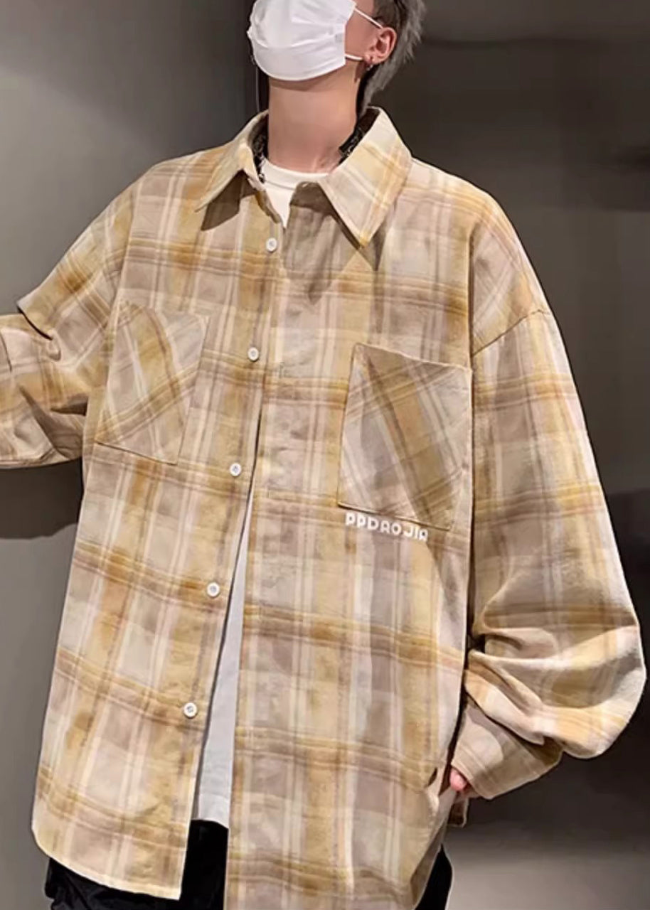 Spring Pan Yellow Cotton Shirt Collar Men Loose Pockets Peter Plaid
