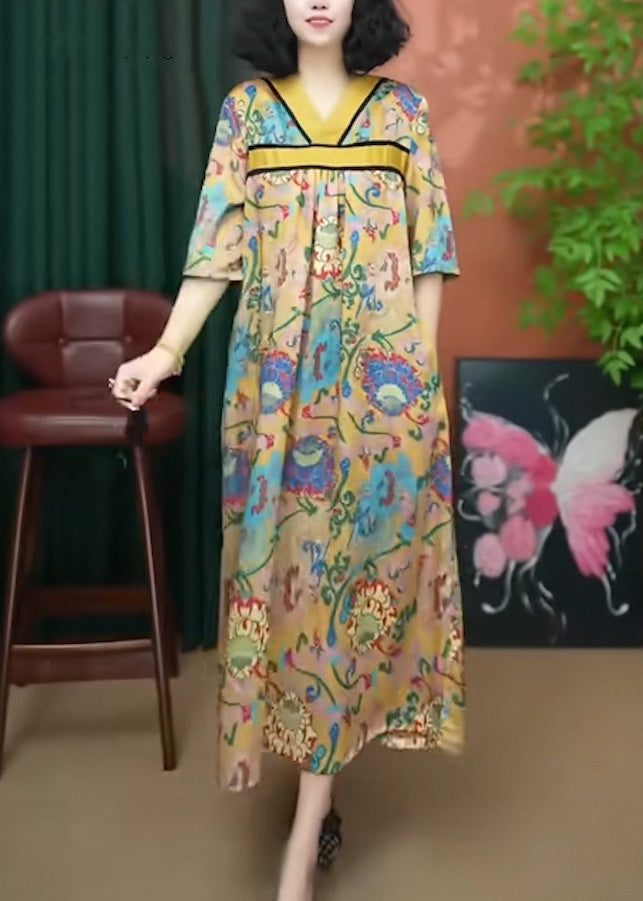 Yellow Print Neck V Loose Long Cotton Summer Dresses